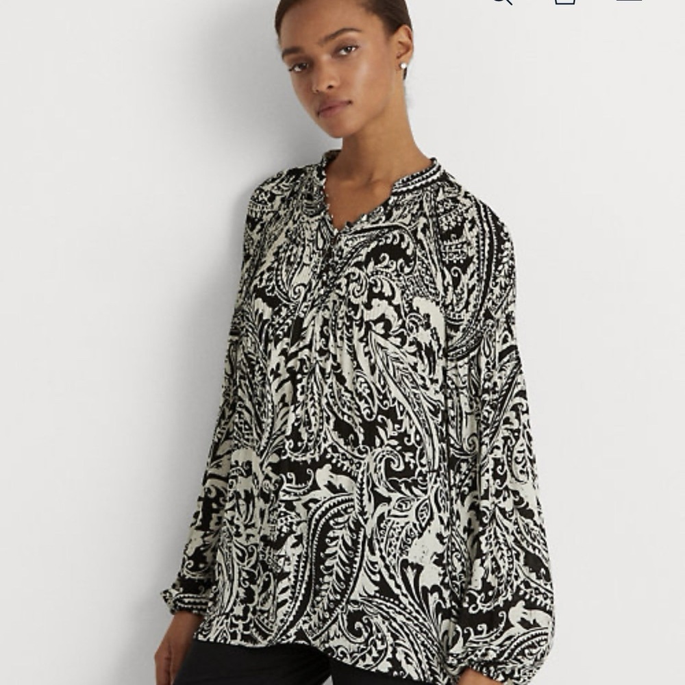 Ralph Lauren Black Label Women's S Paisley Pleated Georgette‎ Blouse Black/White